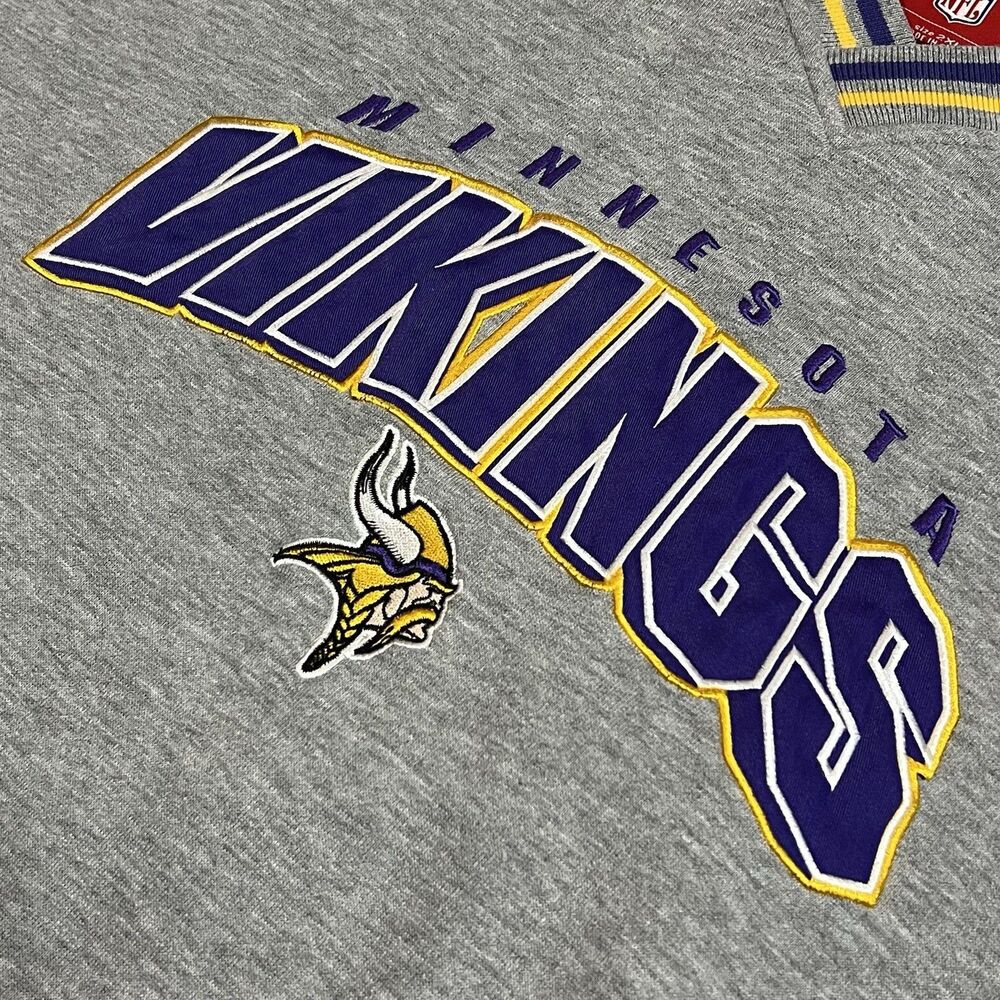 Vintage NFL Minnesota Vikings V Neck Sweatshirt Mens 2XL Gray Striped Sleeves - Picture 4 of 12